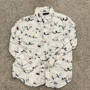 Janie and Jack White Button Down Shirt with Multicolor Ski Print